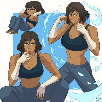 3girls abs arm_wrap avatar_legends bandages bare_shoulders blue_background blue_hair blue_pants blue_sports_bra border crop_top dark-skinned_female dark_skin exercising highres korra midriff multiple_girls multiple_views muscular muscular_female navel pants short_hair sit-up sitting smile sports_bra the_legend_of_korra upper_body water white_border yellow_nicky