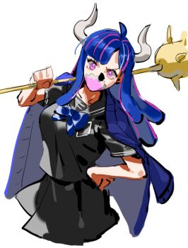 1girl alternate_costume black_sailor_collar black_serafuku black_skirt blue_hair blue_jacket commentary cropped_legs hand_on_own_hip holding holding_mace holding_weapon horns jacket jacket_on_shoulders long_hair looking_at_viewer mace mask mouth_mask one_piece over_shoulder pink_eyes pleated_skirt raine_(acke2445) sailor_collar school_uniform serafuku sidelocks skirt solo spiked_mace spikes symbol-only_commentary ulti_(one_piece) upper_body weapon white_background