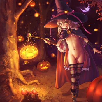 1girl blonde_hair blush boots braid breasts cape cleft_of_venus costume crescent_moon dark detached_sleeves flat_chest forest glowing grass halloween hat highres holding holding_lantern holding_wand jack-o&#039;-lantern lantern loli looking_down moon mushroom naked_cape nature night nipples nude original outdoors phallic_symbol pumpkin pussy small_breasts smile standing striped_clothes striped_thighhighs thighhighs third-party_edit tree twin_braids uncensored wand witch witch_hat yamada_(gotyui) yellow_eyes