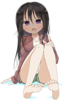 1girl arm_support bare_legs black_hair blush green_shorts hanabi_(yuruneko0624) hand_on_own_knee highres jacket knees_up long_hair long_sleeves original purple_eyes red_jacket shorts sitting solo sweatdrop track_jacket white_background