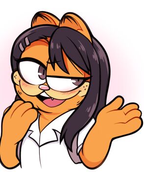 :d black_hair blouse blush brown_eyes cat_girl commentary crossdressing crossdressing_(mtf) english_commentary fusion garfield garfield_(character) hair_ornament hairclip ijiranaide_nagatoro-san long_hair moozua nagatoro_hayase open_mouth orange_fur shirt smile solo white_shirt