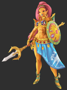 1girl 3d abs absurdres arabian_clothes armor artist_request bare_shoulders beige_skin black_background bracelet breasts earrings full_body gold green_eyes high_heels highres holding holding_weapon jewelry lips lipstick long_hair makeup medium_breasts muscular muscular_female nintendo pointy_ears polearm red_hair serious shield skirt spear the_legend_of_zelda the_legend_of_zelda:_breath_of_the_wild urbosa weapon