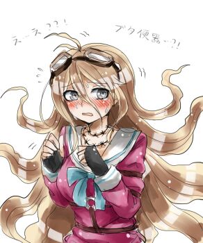 1girl antenna_hair aqua_bow barbed_wire black_gloves blonde_hair bow breasts collared_shirt commentary_request crying crying_with_eyes_open danganronpa_(series) danganronpa_v3:_killing_harmony eyelashes fingerless_gloves floating_hair flying_sweatdrops gloves goggles goggles_on_head grey_hair iruma_miu jizhishaonv123 long_hair long_sleeves motion_lines nervous_sweating pink_shirt sailor_collar scared shirt simple_background solo sweat tears translation_request trembling upper_body white_background white_sailor_collar