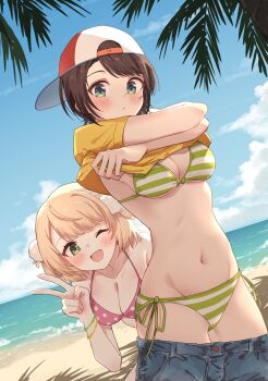 2girls :d ;d beach bikini bikini_under_clothes black_hair blonde_hair blue_eyes blue_shorts blue_sky blunt_bangs blush breasts brown_hair cleavage closed_mouth clothes_pull cloud cloudy_sky collarbone commentary_request day denim denim_shorts green_bikini green_eyes hair_ornament hair_rings hand_up highres hololive indie_virtual_youtuber large_breasts looking_at_viewer medium_breasts multiple_girls navel ocean one_eye_closed oozora_subaru open_mouth outdoors pants pants_pull pink_bikini polka_dot polka_dot_bikini pom_pom_(clothes) pom_pom_hair_ornament profnote shigure_ui_(vtuber) shirt short_hair shorts side-tie_bikini_bottom side_part side_up_ring sky smile stomach striped_bikini striped_clothes swept_bangs swimsuit t-shirt undressing v virtual_youtuber yellow_shirt