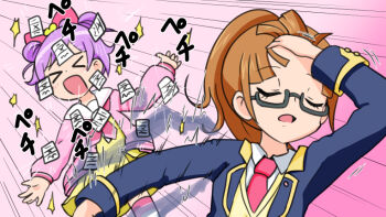 >_< 2girls adjusting_hair black-framed_eyewear blunt_bangs bow brown_hair closed_eyes d: double_bun dx glasses hair_bow hair_bun hair_slicked_back hand_on_own_head manaka_laala meme minami_mirei minami_mirei_(normal) multiple_girls naoya_hitting_choso_without_looking_(meme) necktie open_mouth owlz paprika_private_academy_school_uniform parody pink_bow pink_necktie ponytail pretty_series pripara purple_hair scene_reference school_uniform semi-rimless_eyewear smear_frame under-rim_eyewear vest yellow_vest