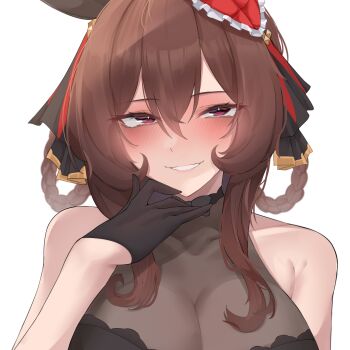 1girl black_gloves braid braided_hair_rings brown_hair commentary english_commentary gentildonna_(umamusume) gloves hair_rings heart-shaped_ornament heart_ear_ornament highres horse_girl see-through_cleavage see-through_clothes simple_background smile solo umamusume upper_body white_background xkittyzx