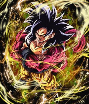 Rule 34 | 1boy, absurdres, black hair, blue sash, body fur, commentary request, dougi, dragon ball, dragon ball gt, full body, highres, long hair, male focus, monkey boy, monkey tail, muscular, muscular male, noir illust, pants, pectorals, red fur, saiyan, sash, solo, son goku, spiked hair, super saiyan, super saiyan 4, tail