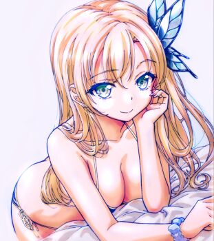 1girl ass bare_shoulders bed_sheet bent_over bikini blonde_hair blue_butterfly blue_eyes boku_wa_tomodachi_ga_sukunai breasts bug butt_crack butterfly butterfly_hair_ornament cleavage closed_mouth collarbone commentary_request cowboy_shot elbow_rest hair_ornament halterneck highres insect kashiwazaki_sena large_breasts long_hair looking_at_viewer official_artist_extra scrunchie side-tie_bikini_bottom simple_background smile solo swimsuit watanabe_yoshihiro wrist_scrunchie