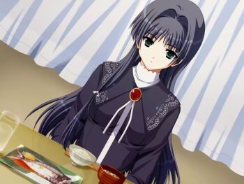 1girl black_dress black_hair closed_mouth curtains doko_e_iku_no_ano_hi dress expressionless food game_cg green_eyes kanno_touko kunimi_ema long_hair looking_at_viewer non-web_source table