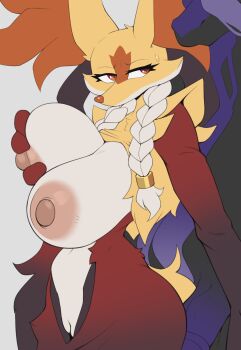1boy 1girl animal_penis black_fur body_fur braid breasts cooliehigh delphox furry furry_female furry_male furry_with_furry gen_6_pokemon gen_8_pokemon grabbing_another's_breast groping hetero highres horse_penis huge_breasts looking_at_another mega_delphox nintendo nipples penis pokemon purple_fur pussy red_fur spectrier sweatdrop tagme veins veiny_penis white_fur yellow_fur