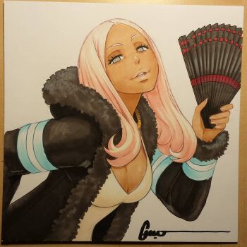 Rule 34 | 1girl, bead necklace, beads, black coat, blue eyes, breast lift, breasts, cleavage, coat, commentary, crossed legs, dark-skinned female, dark skin, en'en no shouboutai, english commentary, folding fan, fur coat, fur trim, hand fan, hibana (enen no shoubotai), jewelry, large breasts, long hair, long sleeves, looking at viewer, marker (medium), necklace, omar dogan, open mouth, photo (medium), pink hair, simple background, solo, symbol-shaped pupils, tan, teeth, traditional media, upper body, upper teeth only, white background