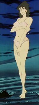 1girl anime_screenshot armpit_crease bare_arms bare_legs barefoot bow bow_panties bra breasts brown_eyes brown_hair cleavage clenched_hand collarbone covering_breasts covering_crotch covering_privates curvy embarrassed eyelashes feet female_focus full_body highres knees large_breasts legs legs_together long_hair long_legs looking_at_viewer lupin_iii matching_hair/eyes matching_underwear midriff mine_fujiko navel neck official_art official_underwear open_hand outdoors panties parted_bangs pink_bra pink_panties pinky_out sky standing stomach thighs underwear underwear_only wavy_hair