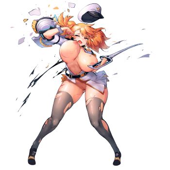 1girl :3 areola_slip battle_damage bottomless breasts breasts_out cerberus_(last_origin) curvy cuts defeat fang full_body game_asset hat highres holding holding_sword holding_weapon huge_breasts injury jacket last_origin looking_at_viewer mole mole_under_eye nipples non-web_source official_alternate_costume official_art orange_hair peaked_cap pussy self-datamine shield short_hair sima_(startwitch) solo sword tachi-e tears thighhighs torn_clothes torn_thighhighs transparent_background unaligned_breasts unworn_hat unworn_headwear weapon white_jacket wince
