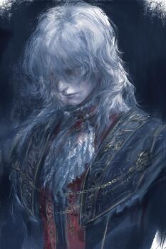 1boy ascot chain commentary_request gem gio_dwinter gold_chain gold_trim hair_between_eyes hair_whorl highres jewelry layered_clothes long_hair looking_down necklace pale_skin partially_shaded_face red_eyes red_gem simple_background tsukihime tsukihime_(remake) upper_body vlov_arkhangel white_ascot white_hair