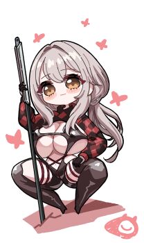 1girl bodysuit breasts checkered_clothes clothing_cutout gloves goddess_of_victory:_nikke hair_intakes half_gloves highres large_breasts latex latex_bodysuit official_alternate_costume red_shrug scarlet_(nikke) scarlet_(racer's_high)_(nikke) shrug_(clothing) skin_tight solo stellar_blade strap thigh_cutout zakuroten