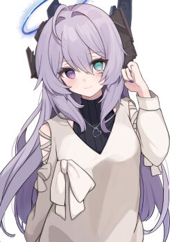1girl aqua_eyes black_shirt commission etoria halo heterochromia highres long_hair long_sleeves original purple_eyes purple_hair purple_nails shirt simple_background skeb_commission sleeveless sleeveless_shirt smile solo upper_body white_background white_shirt