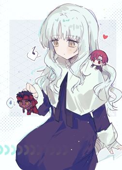 1boy 2girls absurdres angra_mainyu_(fate) bandaged_foot bandaged_hand bandages bazett_fraga_mcremitz black_hair blush caren_hortensia closed_mouth dark-skinned_male dark_skin dress earrings fate/hollow_ataraxia fate_(series) full-body_tattoo grey_hair heart highres holding holding_mini_person jewelry long_hair long_sleeves mini_person miniboy minigirl multiple_girls musical_note purple_dress purple_eyes purple_hair simple_background sweatdrop tattoo yakksan yellow_eyes