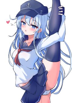 1girl absurdres anchor_symbol black_sailor_collar black_thighhighs blue_eyes blush flat_cap flexible grey_hair hair_between_eyes hat hibiki_(kancolle) highres kantai_collection leg_up long_hair long_sleeves looking_at_viewer neckerchief open_mouth otama_(otama_ladle23) panties pleated_skirt red_neckerchief sailor_collar school_uniform serafuku skirt smile solo split standing standing_on_one_leg standing_split thighhighs underwear white_panties