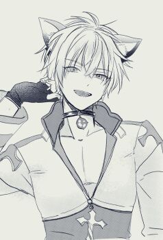 1boy animal_ears arch_bishop_(ragnarok_online) cat_boy cat_ears choker coat commentary_request fingerless_gloves gloves greyscale highres jacket long_sleeves male_focus monochrome open_mouth ragnarok_online shimako_(user_jsaa7243) short_hair simple_background smile solo upper_body white_jacket