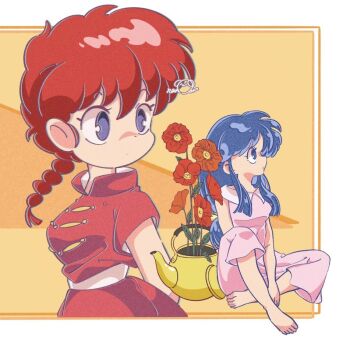 Rule 34 | 1980s (style), 2girls, barefoot, blue eyes, blue hair, braid, chinese clothes, closed mouth, commentary request, faux retro artstyle, flower, grey eyes, heartpiyo piyo, kettle, long hair, looking to the side, multiple girls, oldschool, orange flower, poppy (flower), ranma-chan, ranma 1/2, red flower, red hair, retro artstyle, short sleeves, signature, single braid, sitting, tendou akane, yellow background