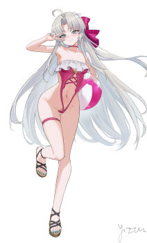 1girl absurdres adapted_costume ahoge aqua_eyes ball beachball bikini blue_nails blush bow breasts carlotta_(splashing_summer)_(wuthering_waves) carlotta_(wuthering_waves) chinese_commentary cleft_of_venus closed_mouth clothing_aside clothing_cutout commentary_request feet fingernails frilled_one-piece_swimsuit frills grey_hair hair_bow hand_up highleg highleg_bikini highres holding holding_ball holding_beachball jewelry legs long_hair looking_at_viewer medium_breasts nail_polish navel navel_piercing official_alternate_costume one-piece_swimsuit parted_bangs piercing pink_bow pink_one-piece_swimsuit pussy sandals signature simple_background smile solo standing standing_on_one_leg stomach stomach_cutout striped_bow swimsuit swimsuit_aside thigh_gap thighlet toenail_polish toenails toes uncensored v white_background wuthering_waves yizi_(yizi_official)