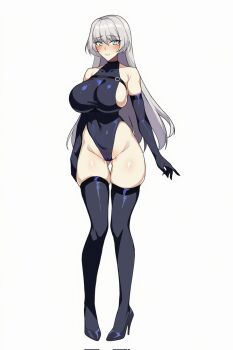 1girl bare_shoulders belt_buckle black_gloves black_leotard black_shoes black_thighhighs blue_eyes blush breasts buckle chest_belt closed_mouth commentary elbow_gloves english_commentary full_body gloves grey_hair groin hair_between_eyes heattech_leotard high_heels highleg highleg_leotard highres leotard long_hair looking_at_viewer original shoes simple_background skindentation smile solo standing thick_thighs thighhighs thighs turtleneck wessidesuyo white_background