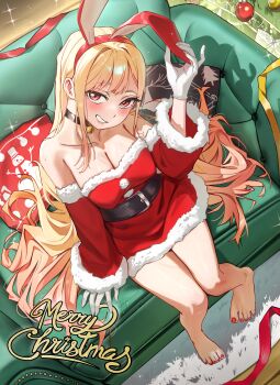 1girl absurdres animal_ears bare_legs barefoot blonde_hair blush breasts christmas commentary dress english_commentary fake_animal_ears feet from_above gloves grin hair_spread_out highres kitagawa_marin large_breasts long_hair nail_polish rabbit_ears red_dress red_eyes santa_costume santa_dress sitting smile solo sono_bisque_doll_wa_koi_wo_suru toenail_polish toenails toes very_long_hair waligner white_gloves