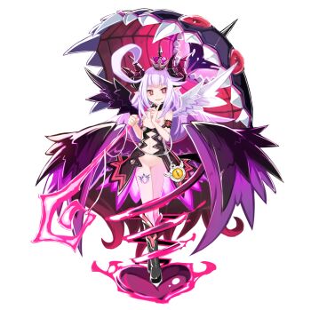 1girl boots breasts bright_pupils demon_girl demon_horns demon_tail highres horns loli long_hair makai_shin_trillion nanameda_kei nepnep_connect:_chaos_chanpuru nipples nude_filter pink_hair pussy red_eyes revealing_clothes ruche ruche_(chaos_form) skirt small_breasts smirk solo tail third-party_edit underwear wings