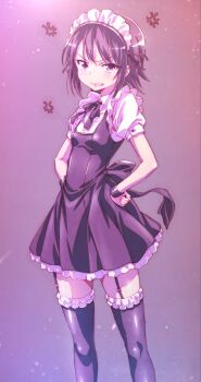 1girl anger_vein black_dress black_ribbon black_thighhighs boku_wa_tomodachi_ga_sukunai breasts clenched_teeth commentary_request dress feet_out_of_frame frilled_thighhighs frills garter_straps hands_on_own_hips highres looking_at_viewer maid maid_headdress mikazuki_yozora neck_ribbon official_artist_extra puffy_short_sleeves puffy_sleeves ribbon short_dress short_hair short_sleeves small_breasts solo teeth thighhighs v-shaped_eyebrows watanabe_yoshihiro