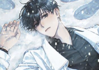 1boy absurdres artist_name black_hair black_shirt closed_mouth coat collared_shirt footprints gyo_(gyoza143gyoza) highres kim_dokja long_sleeves looking_at_viewer lying male_focus omniscient_reader&#039;s_viewpoint on_back on_ground open_clothes open_coat palms shirt short_hair snow snowing solo white_coat