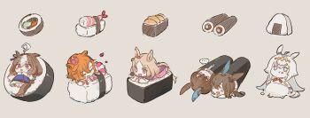 ... 6+girls @_@ absurdres admire_vega's_twin_sister_(umamusume) admire_vega_(umamusume) ahoge animal_ears big_belly blue_eyes blush brown_hair chibi closed_mouth commentary crown fish_(food) food food_on_face grey_background grey_hair highres horse_ears horse_girl horse_tail in_food long_hair makizushi meisho_doto_(umamusume) meloen_ha mini_crown mini_person minigirl multiple_girls narita_top_road_(umamusume) nigirizushi oguri_cap_(umamusume) onigiri open_mouth orange_hair short_hair simple_background sitting smile spoken_ellipsis sushi t.m._opera_o_(umamusume) tail umamusume