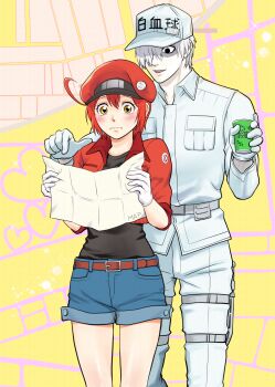 12siraisi23 1boy 1girl ae-3803 ahoge badge baseball_cap belt belt_buckle black_eyes black_shirt blue_shorts blush breast_pocket brown_belt brown_eyes buckle button_badge character_name check_translation closed_mouth clothes_writing collared_shirt combat_knife commentary confused cropped_jacket cup denim denim_shorts disposable_cup dress_shirt drink empty_eyes eyelashes front-to-back frown gloves hair_between_eyes hair_over_one_eye hat hat_ornament hataraku_saibou heart height_difference highres holding holding_cup holding_drink holding_map jacket knife light_particles light_smile long_sleeves looking_at_object map newsboy_cap open_clothes open_jacket pale_skin pants parted_lips pink_background pocket pointing pointing_at_object red_blood_cell_(hataraku_saibou) red_hair red_hat red_jacket shaded_face shirt short_hair short_sleeves shorts smile sparkle standing t-shirt thigh_sheath thigh_strap translation_request u-1146 very_short_hair wavy_mouth weapon white_belt white_blood_cell_(hataraku_saibou) white_gloves white_hair white_hat white_pants white_shirt white_straps yellow_background