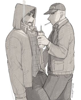 2boys baseball_cap beard buttons cigarette couple deadpool deadpool_&amp;_wolverine deadpool_(series) facial_hair food hashtag-only_commentary hat highres holding holding_food hood hood_up jacket k4nc_wolverine long_sleeves male_focus marvel marvel monochrome mouth_hold multiple_boys muscular muscular_male pants pectorals plaid_clothes plaid_shirt scar scars_all_over shirt short_hair smoke smoking teeth too_many wolverine_(x-men) x-men yaoi