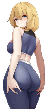 1girl absurdres ass back black_sports_bra blonde_hair blue_eyes casperrin closed_mouth from_behind girls&#039;_frontline girls&#039;_frontline_2:_exilium grabbing_own_ass hair_between_eyes highres midriff mosin-nagant_(girls&#039;_frontline) mosin-nagant_(girls&#039;_frontline_2) simple_background solo sports_bra standing variant_set white_background