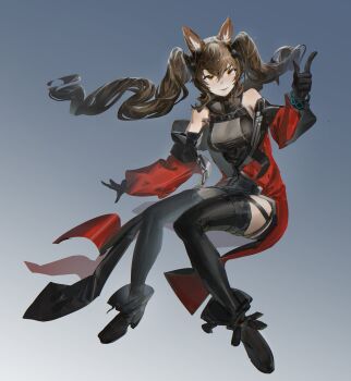 1girl absurdres angelina_(arknights) animal_ear_fluff animal_ears arknights arknights:_endfield bare_shoulders black_boots black_gloves black_thighhighs boots breasts brown_hair coat commentary dress fox_ears fox_girl full_body gilberta_(arknights) gloves gradient_background grey_background grey_dress hair_between_eyes high_collar highres infection_monitor_(arknights) large_breasts long_hair looking_at_viewer open_clothes open_coat pandemoon parted_lips pointing pointing_up red_coat smile solo thighhighs twintails