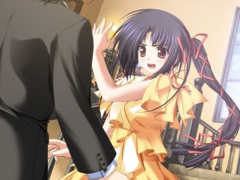 1boy 1girl akiiro_renka angry black_hair bow brown_eyes dress game_cg long_hair nanjou_ibuki non-web_source open_mouth red_bow ribbon side_ponytail slapping tsukimori_hiro