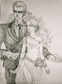 1boy 1girl black_necktie black_suit blonde_hair breasts cleavage collarbone collared_shirt commentary couple cup donquixote_doflamingo dress dress_flower drinking_glass earrings english_commentary eyes_visible_through_eyewear feather_coat flower formal_clothes jewelry looking_to_the_side monochrome necktie oc_x_canon one_piece ring serious shirt short_hair smile suit sunglasses traditional_media tutugui white_dress white_shirt wine_glass