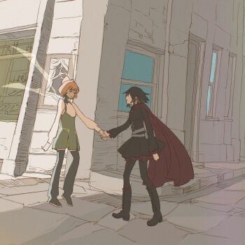 2girls 55bata6rou black_boots black_dress black_hair boots bow building cape dress full_body hair_bow hand_grab highres long_sleeves looking_at_another multiple_girls orange_hair outdoors penny_polendina pleated_skirt red_cape red_hair road ruby_rose rwby short_hair skirt standing street window