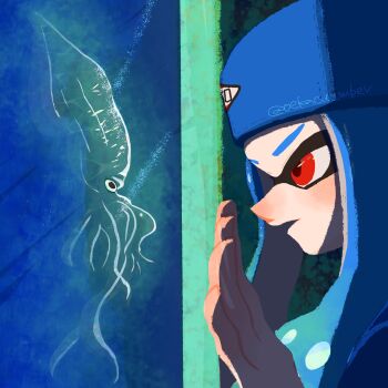 1girl artist_name baseball_cap blue_hair blue_hat eye_contact hat highres inkling inkling_girl inkling_player_character long_hair looking_at_another nintendo oekacucumber open_mouth red_eyes solo splatoon_(series) splatoon_3 squid tentacle_hair twitter_username