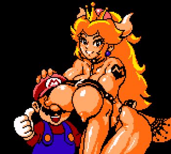 1boy 1girl armlet baseball_cap bikini bikini_top_lift black_background black_bikini black_hair blonde_hair blue_eyes blue_overalls blush bowsette breasts breasts_out clothes_lift collarbone covered_eyes denim_overalls earrings facial_hair gloves grin hand_on_another&#039;s_head hat heart heart_tattoo horns jewelry large_breasts long_hair long_sleeves looking_at_viewer mario mario_(series) muscular mustache new_super_mario_bros._u_deluxe nintendo nipples open_mouth overalls pelvic_curtain pixel_art red_hat red_shirt saiwai_hiroshi shirt short_hair shoulder_tattoo smile spiked_armlet standing super_crown swimsuit tail tattoo teeth thumbs_up white_gloves