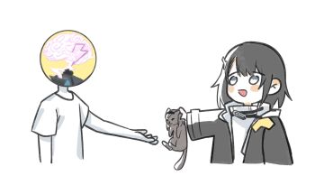 1girl 2girls animal animal_ears animalization arknights arknights:_endfield black_cat black_coat black_hair black_hairband blue_eyes blush blush_stickers cat cat_ears coat commentary cropped_torso cumulussen endministrator_(arknights) english_commentary female_endministrator_(arknights) hairband highres holding holding_animal holding_cat long_sleeves looking_at_another multiple_girls no_mask open_clothes open_mouth outstretched_arm priestess_(arknights) simple_background smile sweater white_background white_sweater