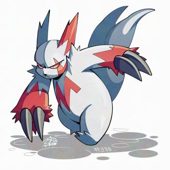 Rule 34 | claws, colored sclera, gen 3 pokemon, mistray-art, nintendo, no humans, numbered, pokemon, pokemon (creature), red fur, red sclera, signature, simple background, solo, two-tone fur, white background, white fur, zangoose
