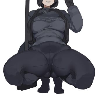 1girl ass black_bodysuit black_hair bodysuit breasts cropped gluteal_fold gya_rb highres large_breasts medium_hair navel simple_background spread_legs squatting tactical_clothes the_finals thighs white_background