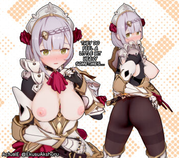 1girl actualekusu armor ass blush breasts breasts_out from_behind gauntlets genshin_impact green_eyes headdress highres large_breasts looking_at_viewer looking_back noelle_(genshin_impact) pantyhose shiny_skin short_hair sideboob silver_hair solo