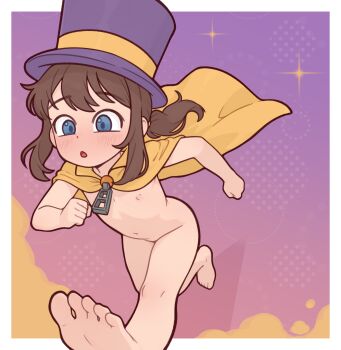 1girl :o a_hat_in_time blue_eyes blush brown_hair cape casytay exhibitionism feet flat_chest hat hat_kid highres loli long_hair navel nipples nude ponytail public_indecency running solo thighs toes