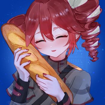 1girl ^_^ baguette blue_background blush bread buttons closed_eyes commentary double-breasted double-parted_bangs drill_hair food grey_jacket h_raj_(pixiv_93311327) hair_between_eyes highres holding holding_food jacket kasane_teto kasane_teto_(sv) long_sleeves nail_polish red_eyes red_hair red_nails red_trim shoulder_belt shoulder_boards sidelocks simple_background smile solo synthesizer_v twin_drills utau