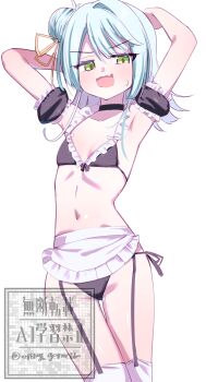 1girl absurdres aqua_hair arm_garter armpits arms_up artist_name artist_request bikini black_bikini black_choker blue_hair choker eringi_genocide fang fangs flat_chest frilled_bikini frills green_eyes hair_bun hair_ribbon highres koyanagi_kaho loli long_hair looking_at_viewer maid_bikini navel pale_skin ribbon shiny_skin side_bun skin_fang solo stomach sweat swimsuit unconventional_maid watashi_ga_koibito_ni_nareru_wake_naijan_murimuri! white_background yellow_ribbon