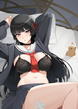 1girl absurdres arms_up bed black_bra black_choker black_hair black_jacket black_serafuku black_shirt black_skirt blush bra breasts bright_pupils chinese_commentary chisa_(wuthering_waves) choker clothes_lift commentary_request hair_ribbon highres jacket large_breasts long_hair looking_at_viewer lying namipon_(wuthering_waves) navel neckerchief nuli_hua_de_ryu on_back on_bed parted_lips pillow red_eyes red_neckerchief red_ribbon ribbon sailor_collar school_uniform serafuku shirt shirt_lift skirt solo stomach sweat thighs underwear white_pupils white_sailor_collar wuthering_waves