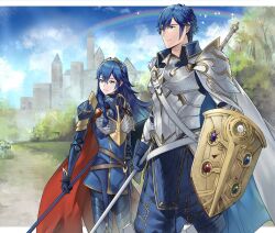 Rule 34 | 1boy, 1girl, ameno (a meno0), armor, blue cape, blue eyes, blue gloves, blue hair, brand of the exalt, breastplate, cape, castle, chrom (fire emblem), closed mouth, father and daughter, fire emblem, fire emblem awakening, fire emblem heroes, gloves, hair between eyes, highres, holding, holding polearm, holding shield, holding weapon, lance, long hair, long sleeves, lucina (brave princess) (fire emblem), lucina (fire emblem), nintendo, official alternate costume, outdoors, polearm, rainbow, red cape, shield, short hair, shoulder armor, smile, symbol in eye, tiara, two-tone cape, weapon, white cape