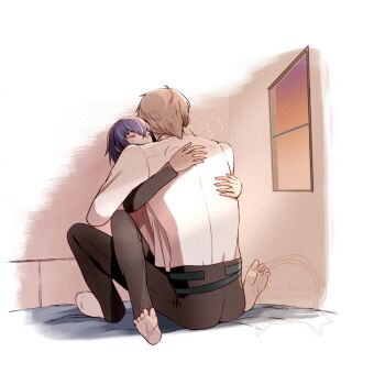 Rule 34 | 2boys, barefoot, bed, belt, black belt, black pants, black shirt, blue hair, brown pants, closed eyes, commentary request, dusk, grey hair, hair between eyes, horage love, hug, indoors, long sleeves, male focus, metaphor: refantazio, multiple boys, mutual hug, on bed, pants, protagonist (metaphor: refantazio), shirt, shirt tucked in, short hair, sitting, strohl (metaphor: refantazio), watermark, white shirt, window, yaoi